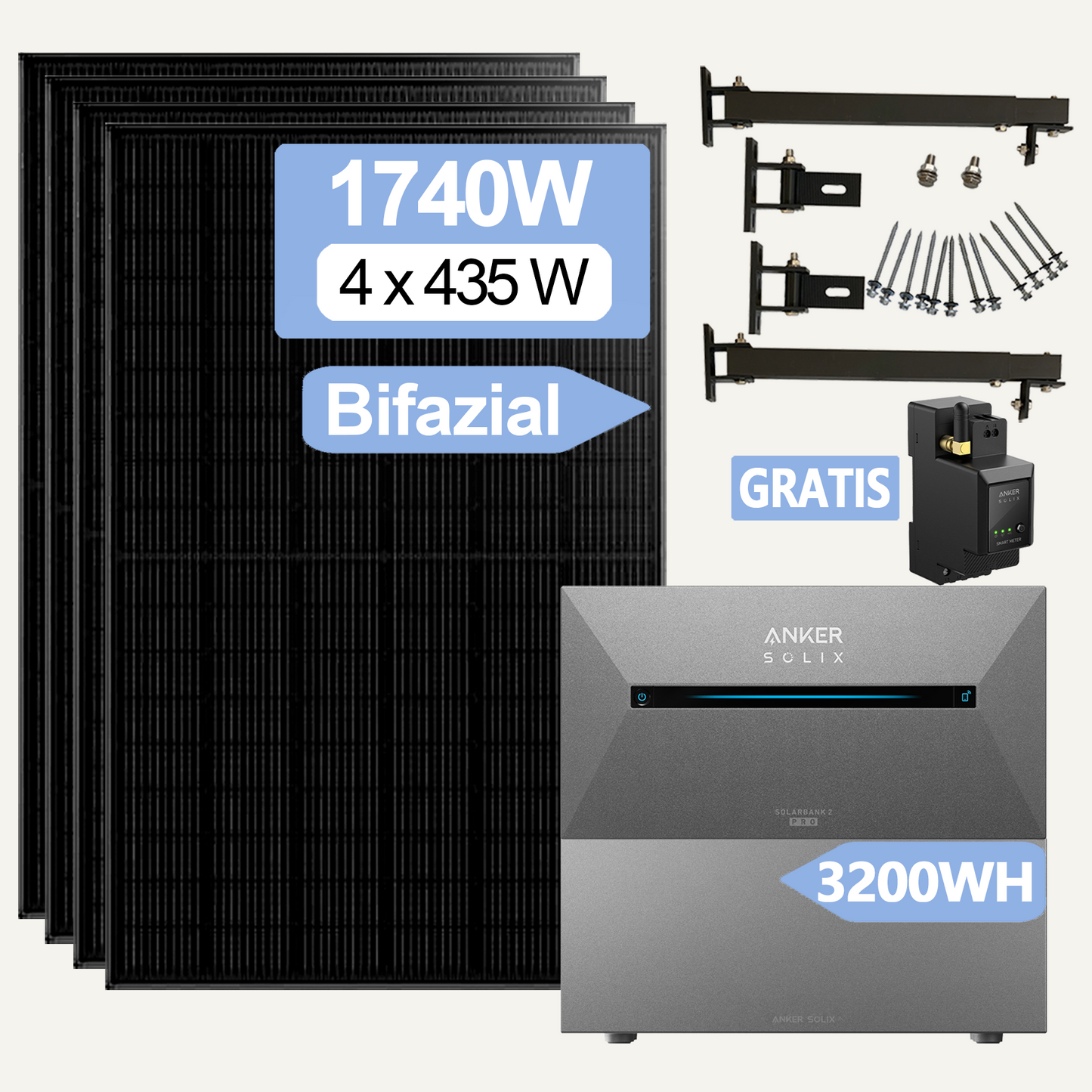 1740W Balkonkraftwerk mit Anker 2 Pro ohne/mit SmartMeter mit Halterung