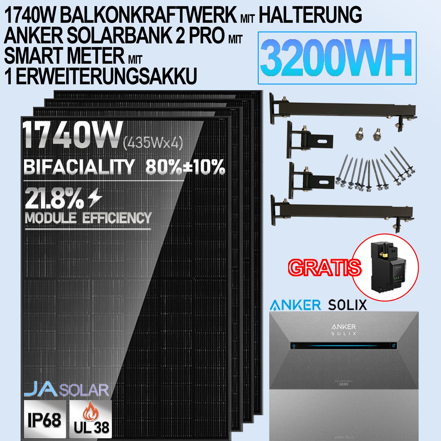 1740W Balkonkraftwerk mit Anker 2 Pro ohne/mit SmartMeter mit Halterung
