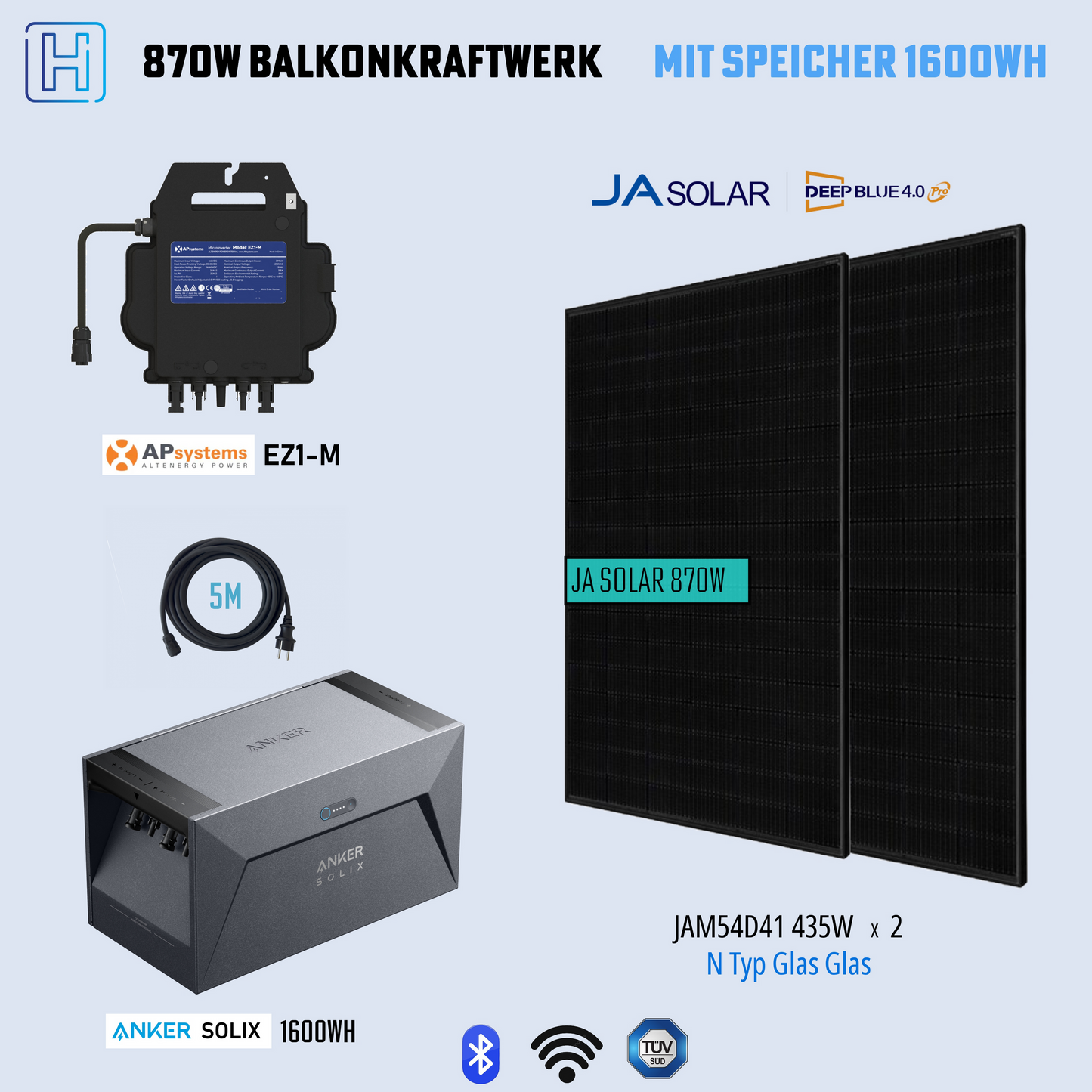 Photovoltaik Balkonkraftwerk 870W Mini-PV Anlage Komplettset, Bifazialer Glas-Glas Solarmodul, 800W Mikrowechselrichter mit 5m Kabel