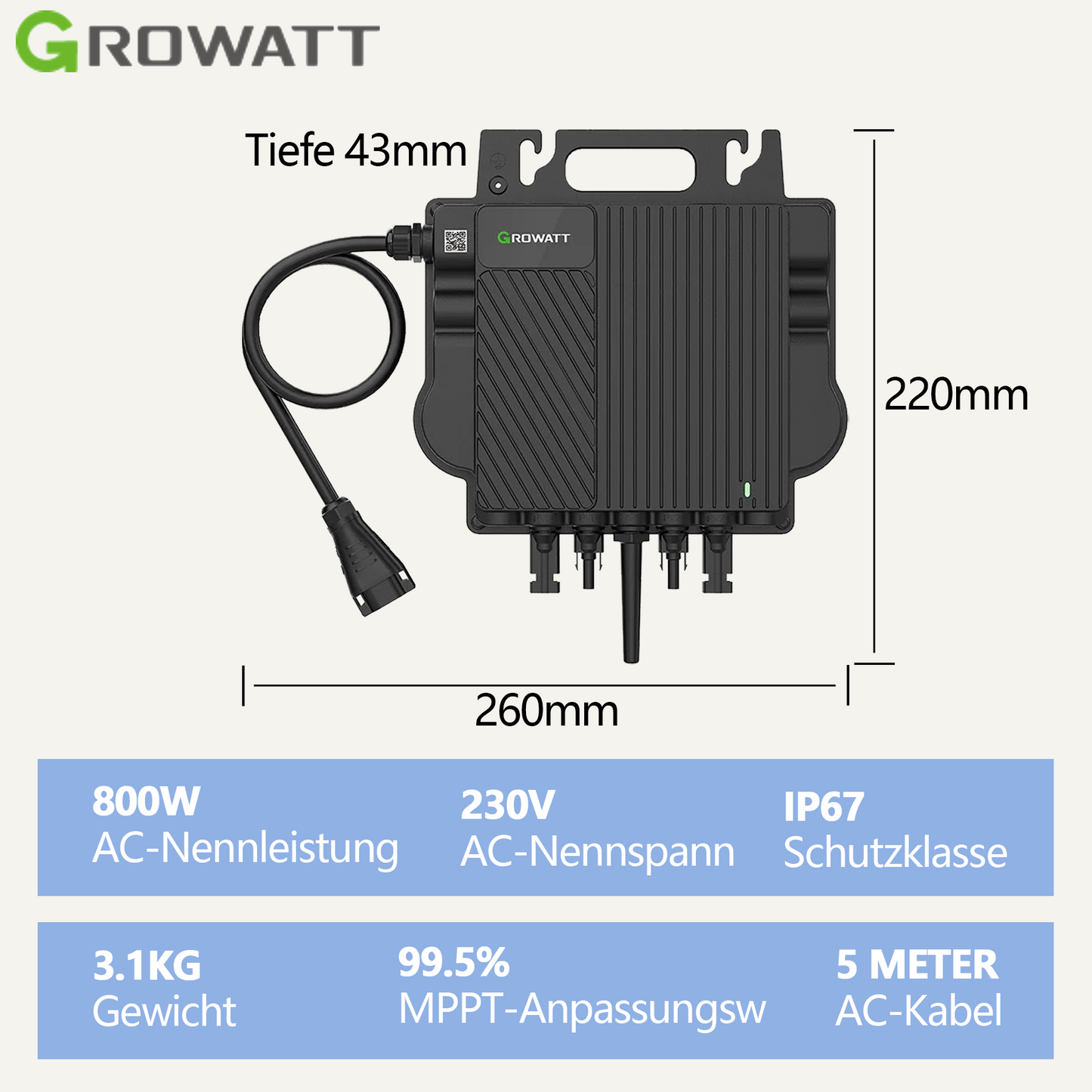 870W Balkonkraftwerke Growatt NOAH 2000 2048WH Batteriesysteme mit 800W Microinverter und 5M AC Kabel