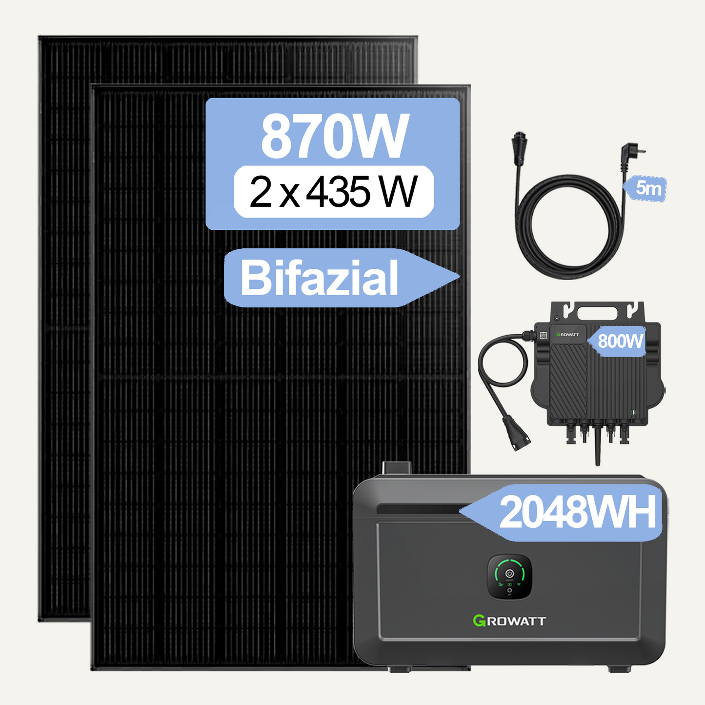 870W Balkonkraftwerke Growatt NOAH 2000 2048WH Batteriesysteme mit 800W Microinverter und 5M AC Kabel