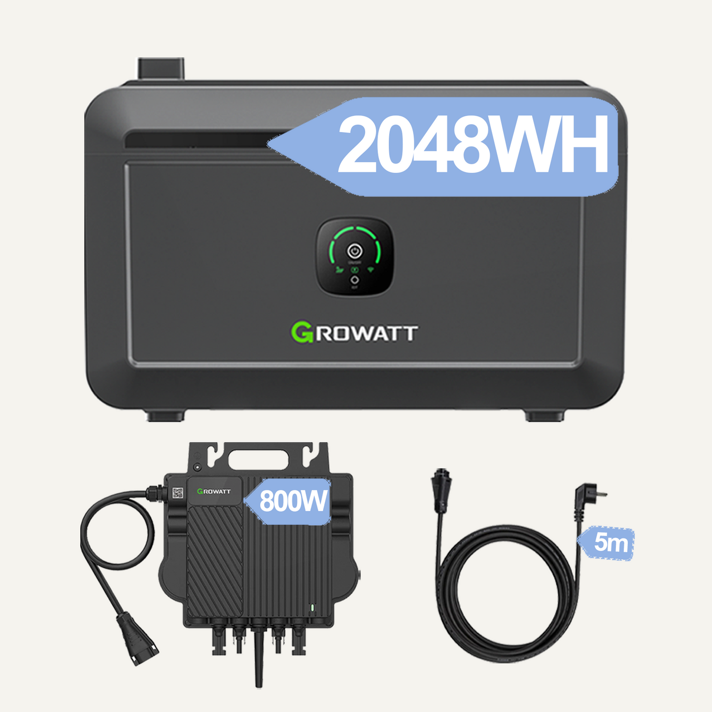 870W Balkonkraftwerke Growatt NOAH 2000 2048WH Batteriesysteme mit 800W Microinverter und 5M AC Kabel