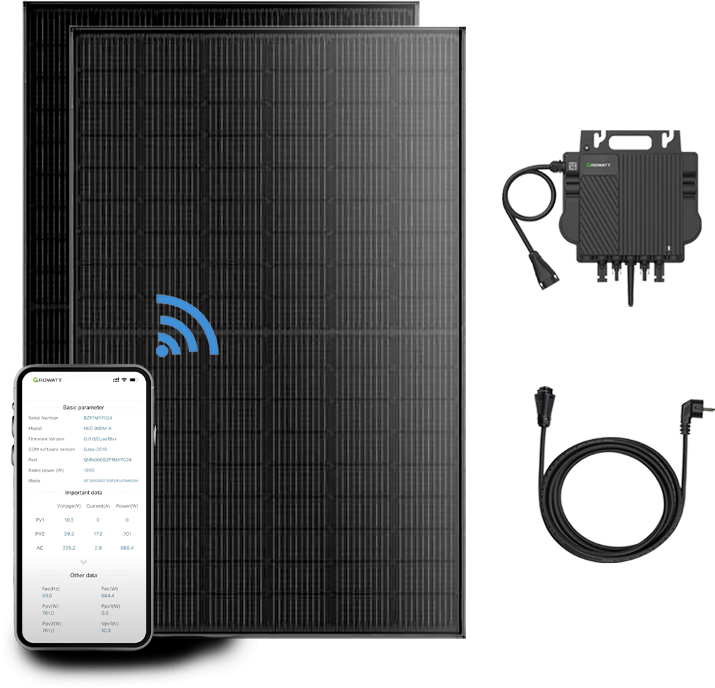 Balkonkraftwerk 870W Mini-PV Anlage  Komplettset, JA Solar Bifazialer Glas-Glas Solarmodul(435Wx2),Growatt 800W Mikrowechselrichter und 5M AC Kabel.