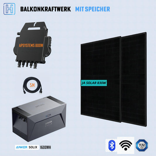 Balcony power station with 1600Wh Power Station+2X 415Wp JA Solar Full Black PV Module+800W APsystems with 5m cable