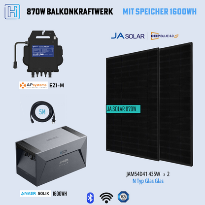 870W Balkonkraftwerk mit Anker Solix Solution (1600Wh Speicher E1600+ Anker MI80+5M Kabel）