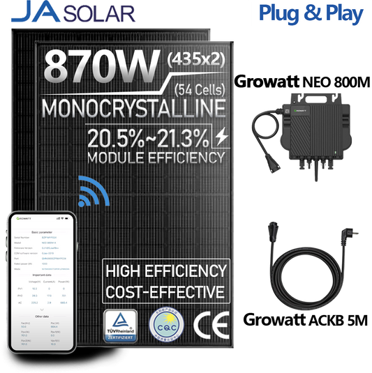 Balkonkraftwerk 870W Mini-PV Anlage  Komplettset, JA Solar Bifazialer Glas-Glas Solarmodul(435Wx2),Growatt 800W Mikrowechselrichter und 5M AC Kabel.