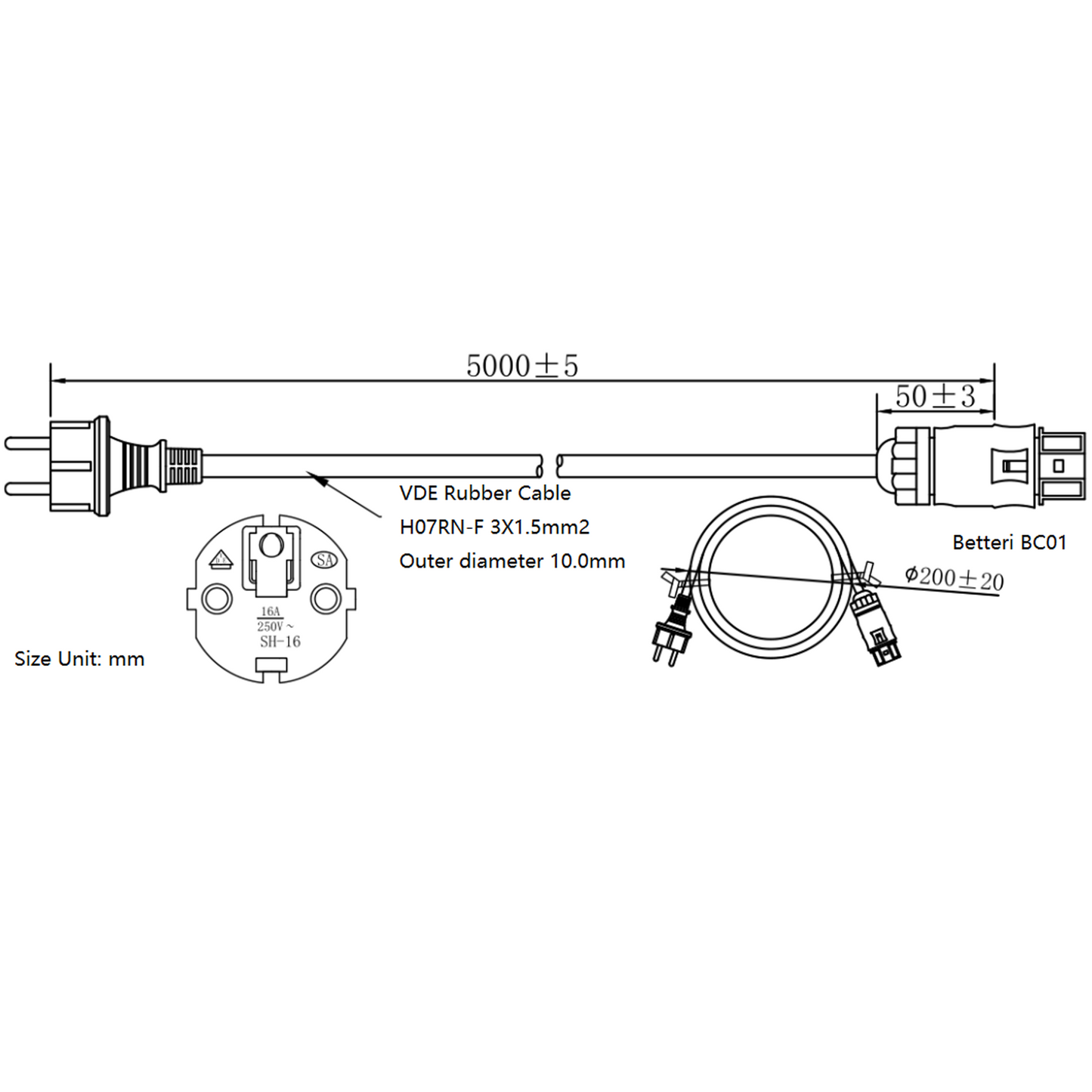 AC Kabel 3m/5m/10m, Betteri BC01 Buchse auf Schuko Stecker (IP44), für Mikrowechselrichter Hoymiles, Deye, Envertech, TSUN, NEP