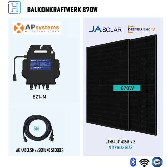 Photovoltaic balcony power plant 860W mini PV system complete set, bifacial glass-glass solar module, 800W microinverter with 5m cable