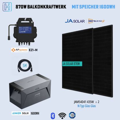 Photovoltaik Balkonkraftwerk 870W Mini-PV Anlage  Komplettset, Bifazialer Glas-Glas Solarmodul, 800W Mikrowechselrichter mit 5m Kabel