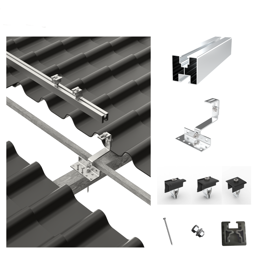 Photovoltaic solar mounting systems for tiled roofs, holder for 4 solar modules