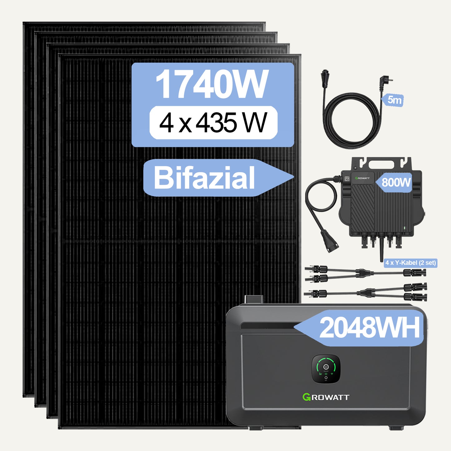 1740W Balkonkraftwerke Growatt NOAH 2000 2048WH Batteriesysteme mit 800W Microinverter und 5M AC Kabel