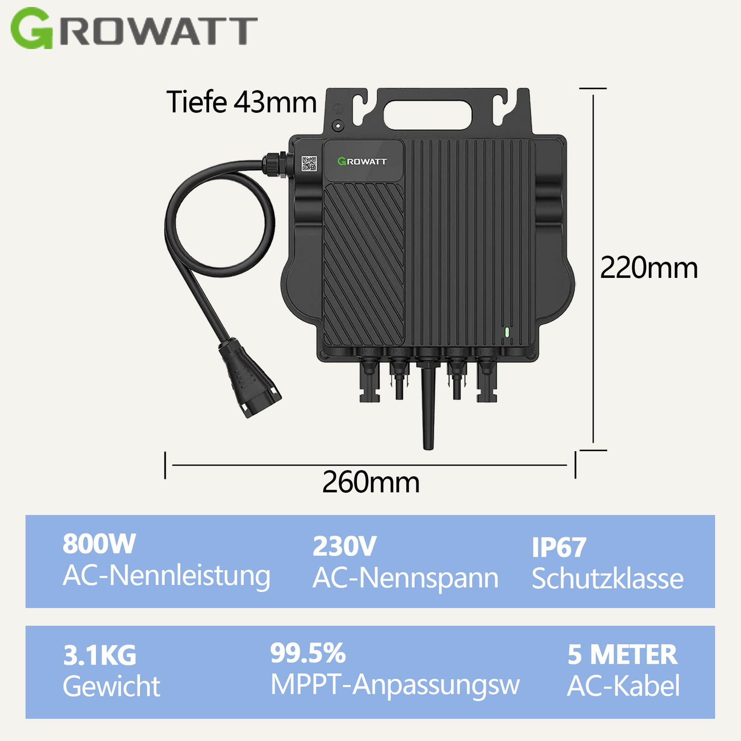 1740W Balkonkraftwerke Growatt NOAH 2000 2048WH Batteriesysteme mit 800W Microinverter und 5M AC Kabel